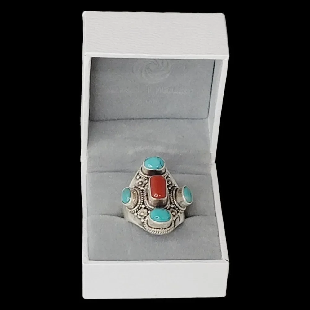 Heavy Native‎ American Turquoise Coral Sterling Silver Ring 9 Adjustable 13.27g